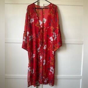 Band of Gypsies Boho Festival Floral Red Sheer Kimono - Large